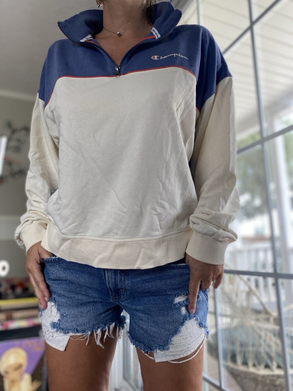 CHAMPION Colorblock 1/4 Zip Sweatshirt Campus Pullover Blue Ivory White L